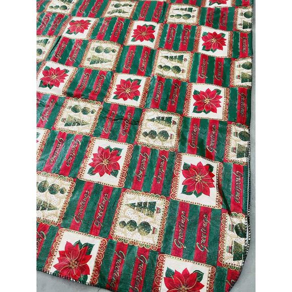Vintage Vinyl Tablecloth Flannel Backed Christmas Tree Poinsettia Red Tan 98x60" - Picture 4 of 6